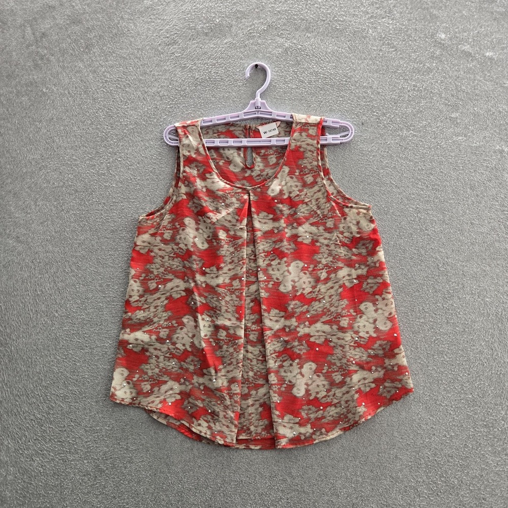 Juicy Couture Women Tank Top L Red Floral Beaded‎ Scoop Neck Pullover